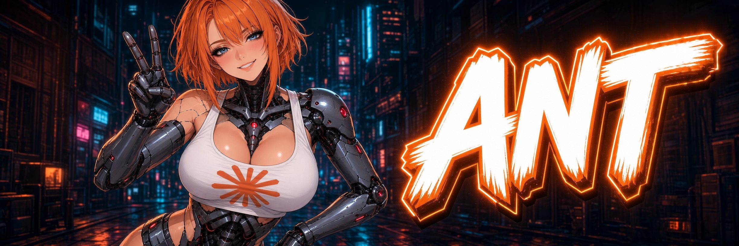 ANT android making a peace sign in a neon cyberpunk city with glowing ANT lettering