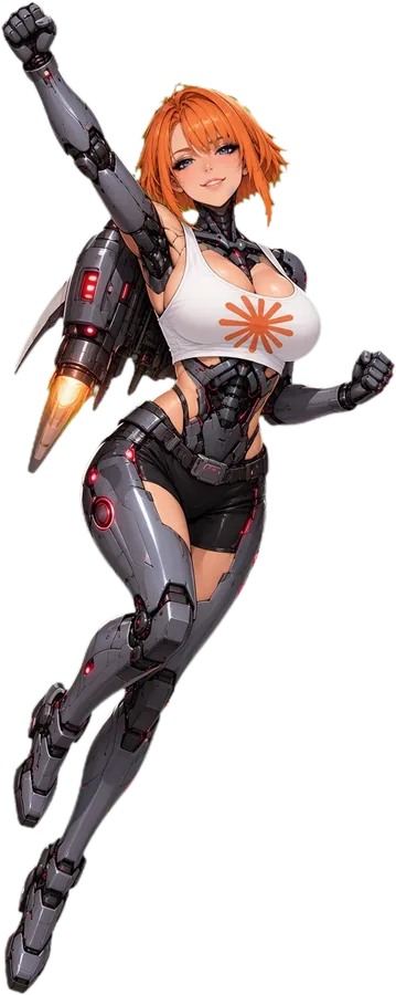 ANT android girl flying on a jetpack with her fist raised